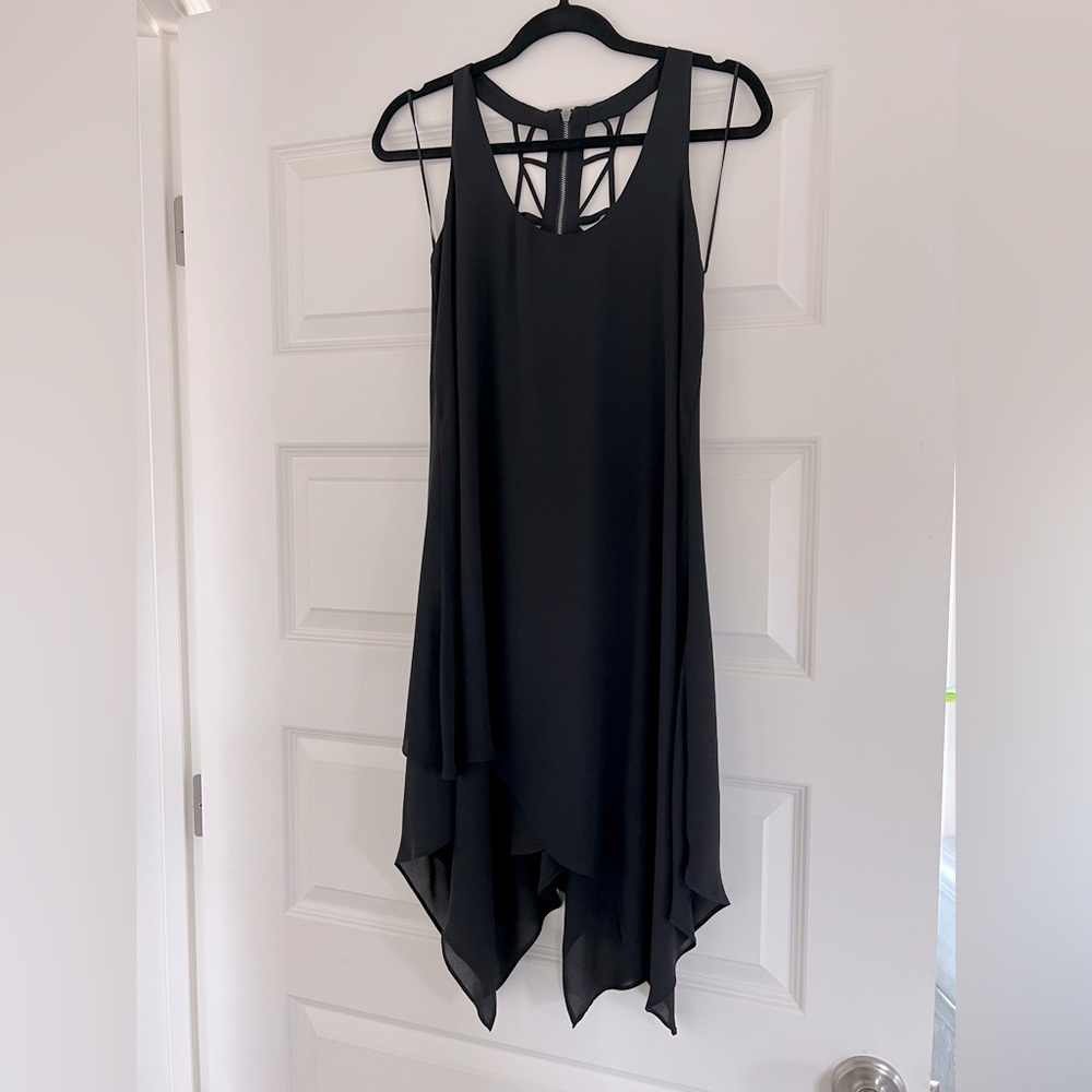 Black BCBG Flowy Dress w/Asymmetric Hem and Detailed Zip Racerback